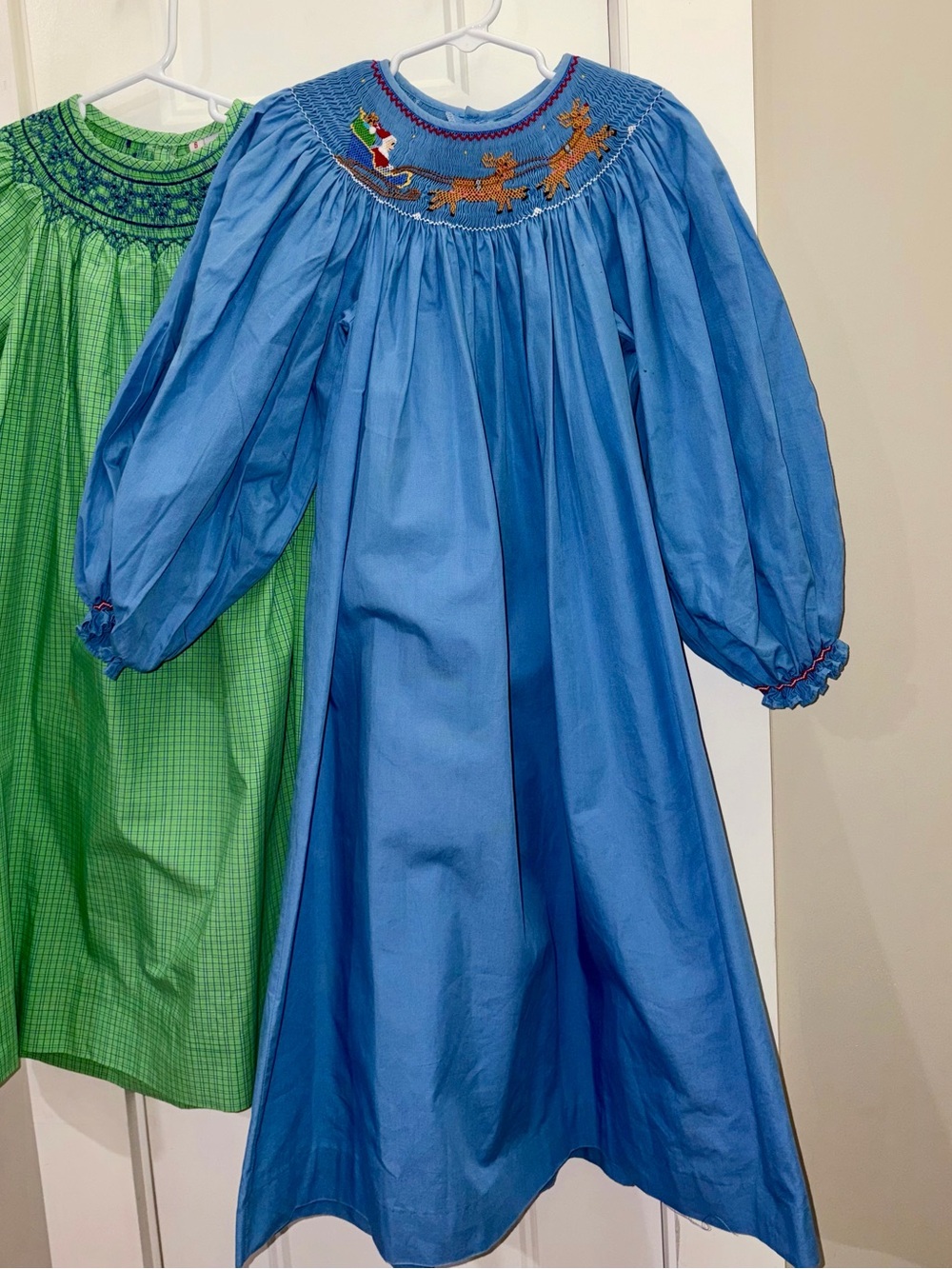 Blue Smocked Holiday Dress with Reindeer Motif